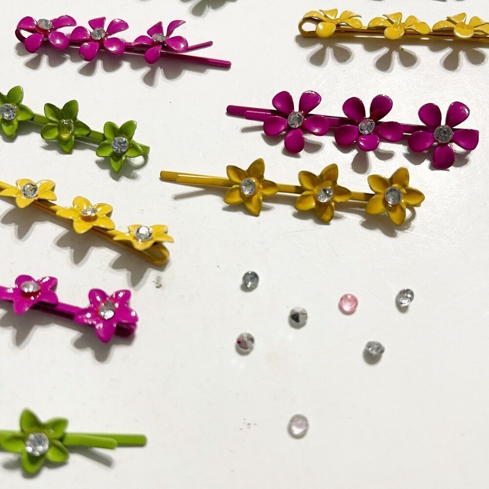 Vintage Lot of 24 Metal Bobby Pins Colorful Rhinestone Glitter Pink Green Yellow - Picture 16 of 16